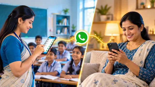 Teacher marking attendance on a phone while a parent receives a message alert