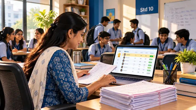 Coaching teacher entering test marks on a laptop
